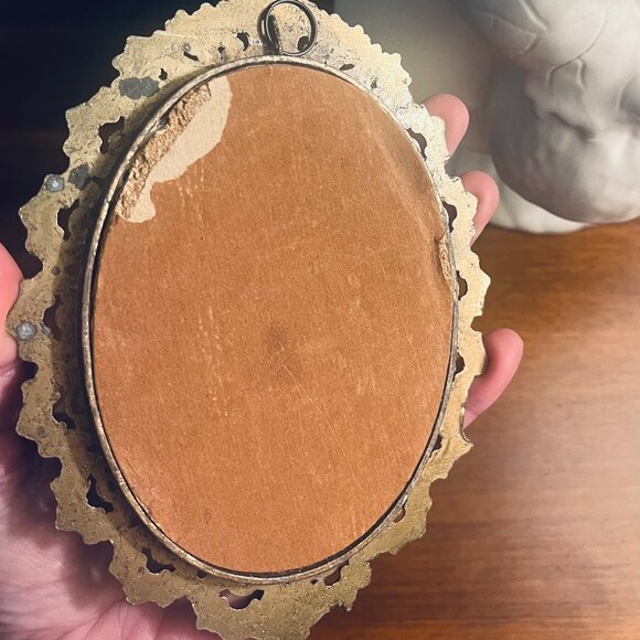 Antique Hanging Brass Frame in Ornate Floral Design with Convex Glass Cover - Picture 5 of 7